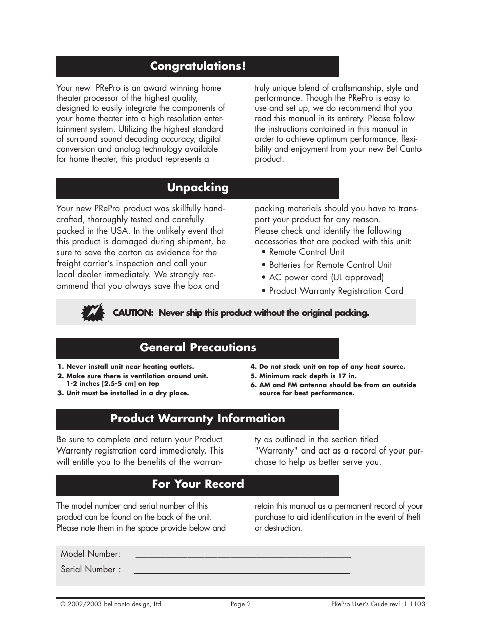 Unpacking, Product warranty information, For your record | General precautions | Bel Canto Design PRePro User Manual | Page 2 / 34