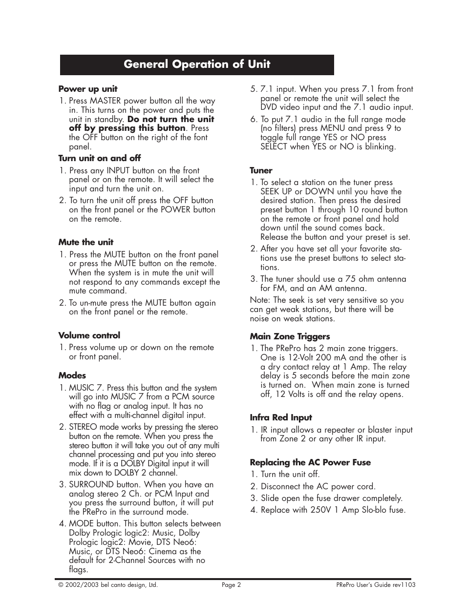 General operation of unit | Bel Canto Design PRePro User Manual | Page 22 / 34