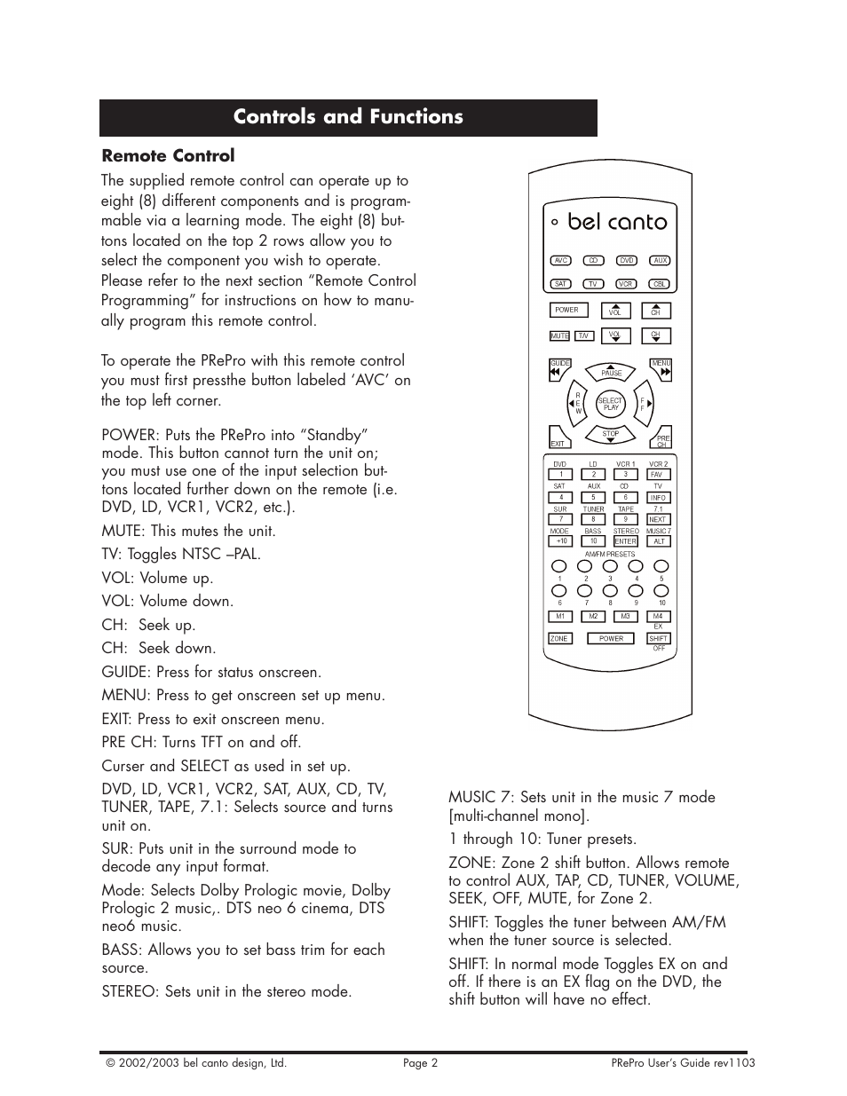 Controls and functions | Bel Canto Design PRePro User Manual | Page 26 / 34