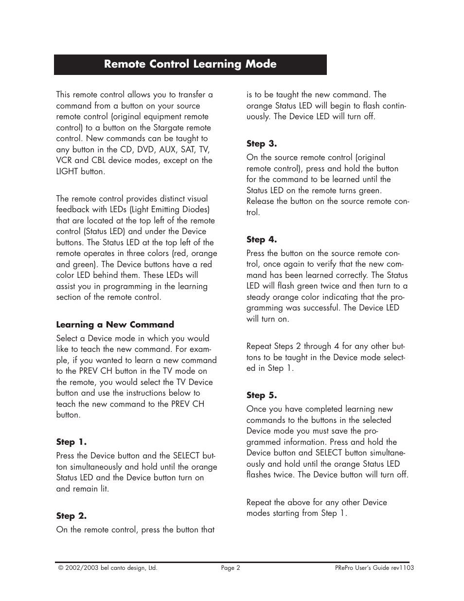 Remote control learning mode | Bel Canto Design PRePro User Manual | Page 27 / 34