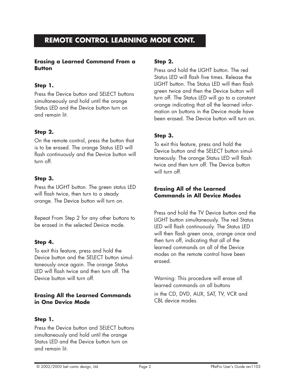 Remote control learning mode cont | Bel Canto Design PRePro User Manual | Page 28 / 34