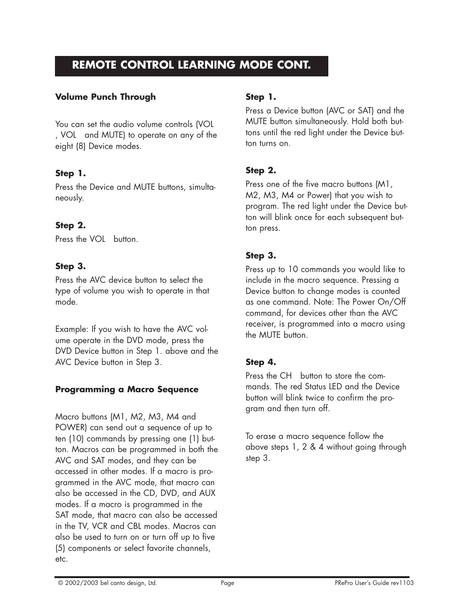 Remote control learning mode cont | Bel Canto Design PRePro User Manual | Page 29 / 34