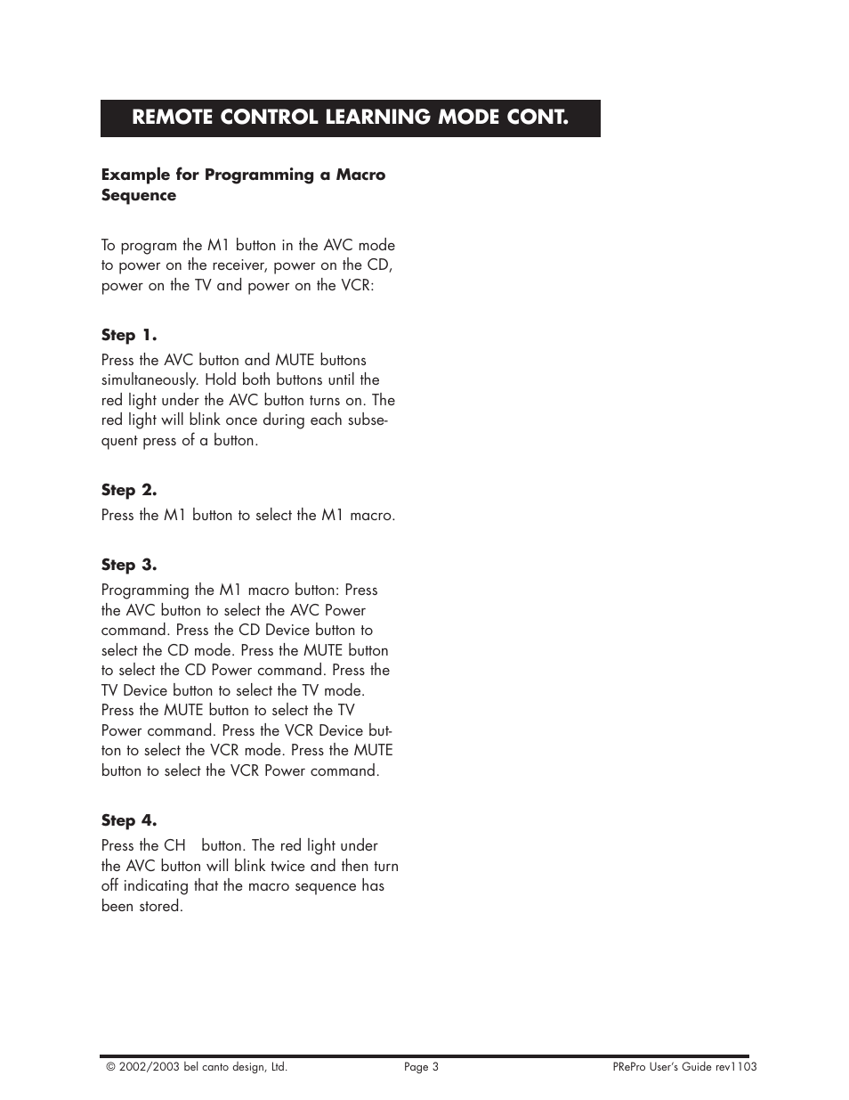 Remote control learning mode cont | Bel Canto Design PRePro User Manual | Page 30 / 34