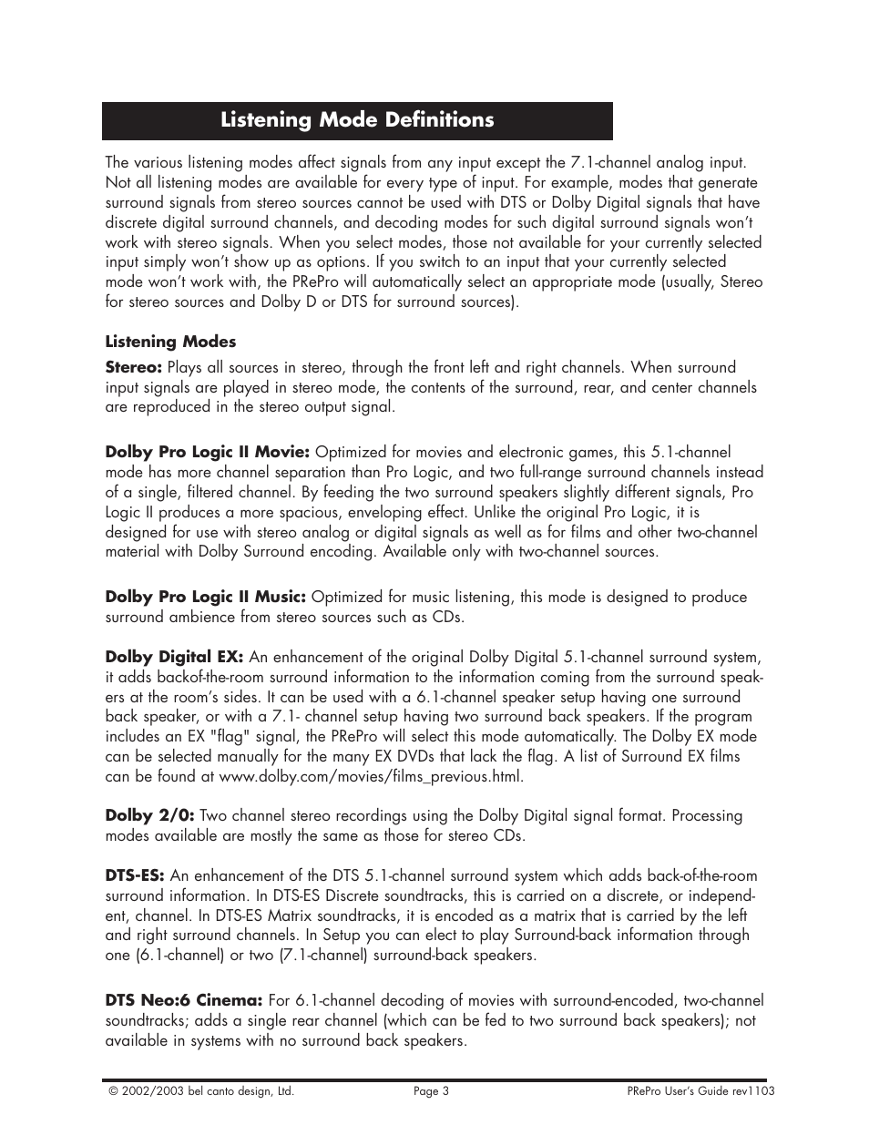 Listening mode definitions | Bel Canto Design PRePro User Manual | Page 31 / 34