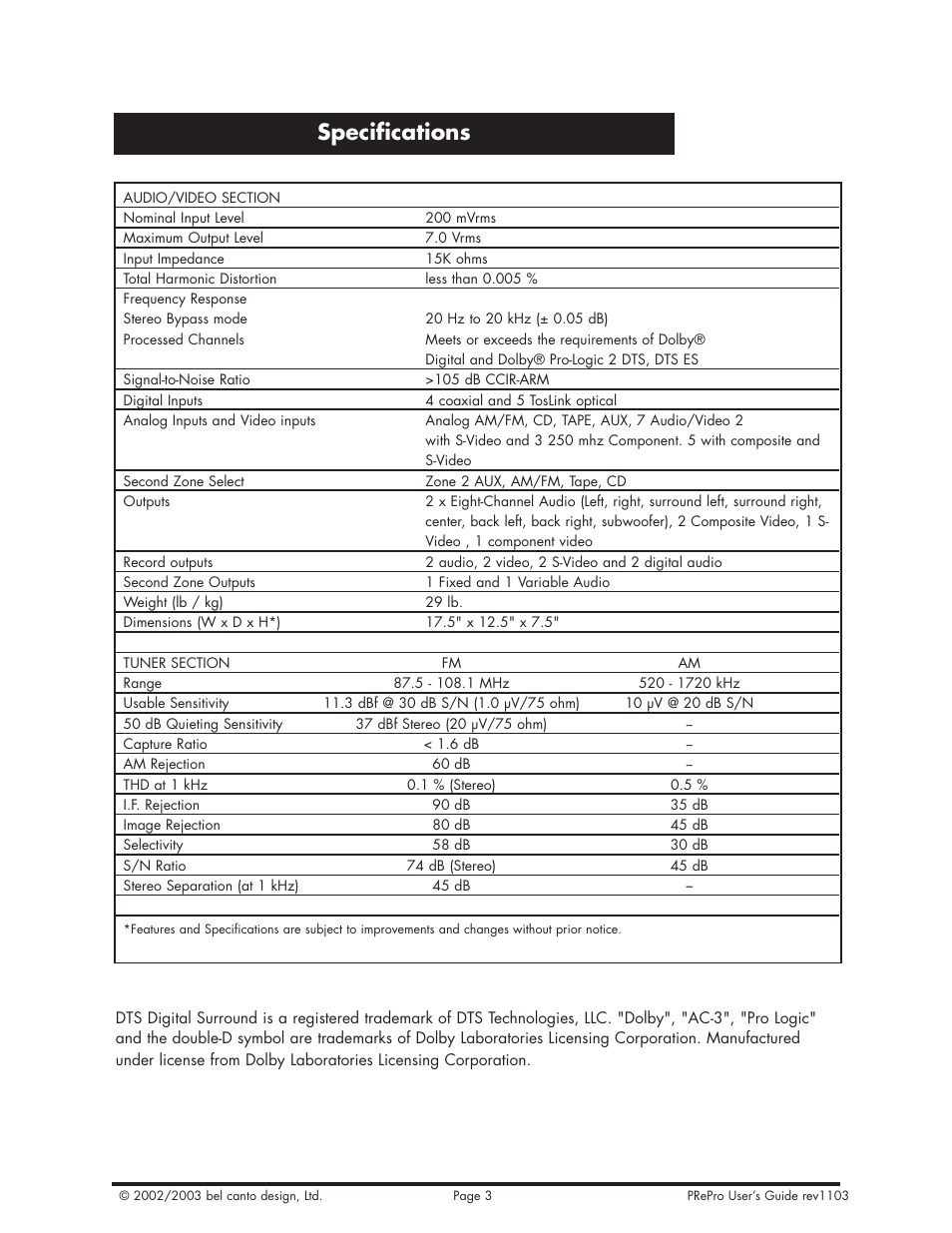 Specifications | Bel Canto Design PRePro User Manual | Page 34 / 34