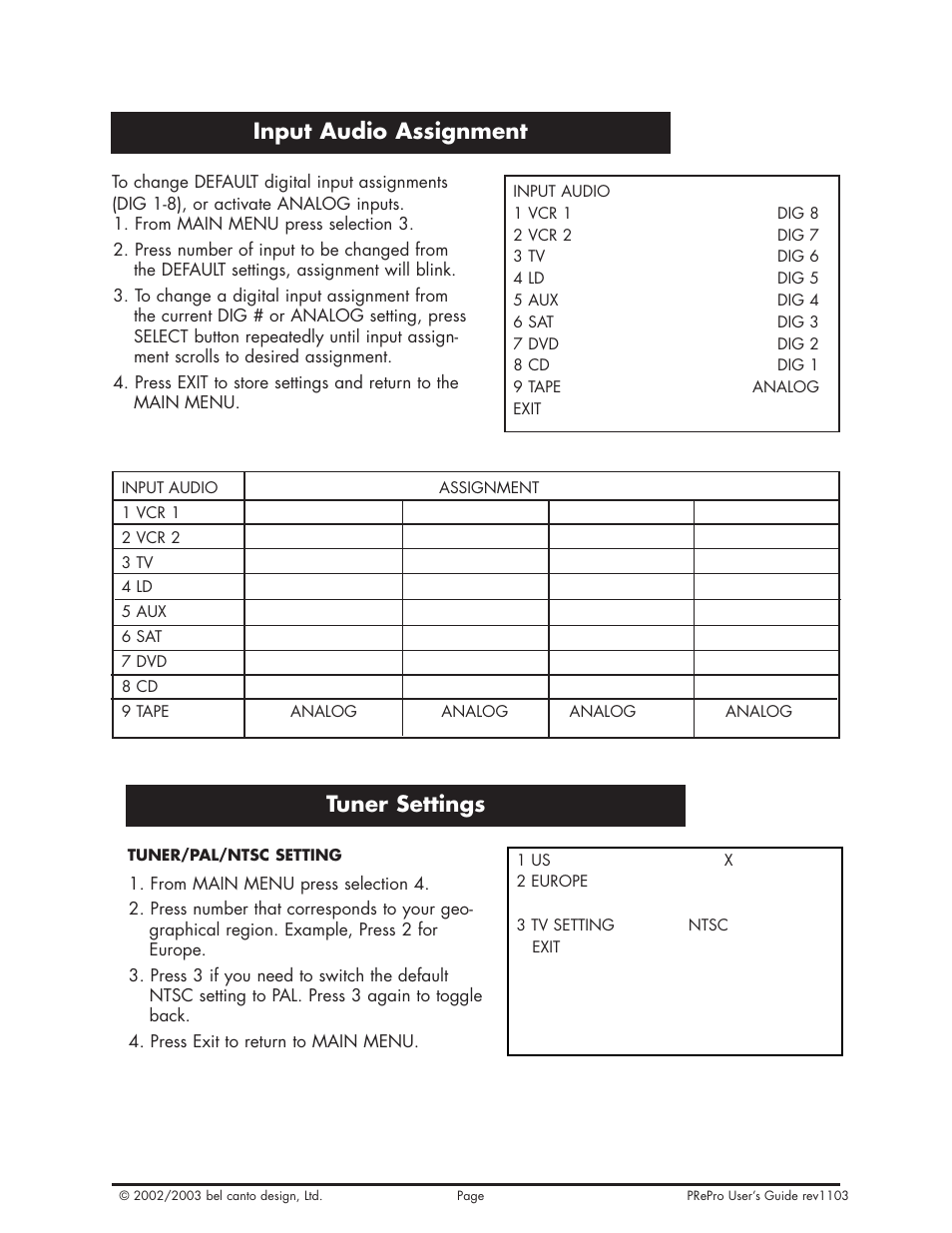 Tuner settings, Input audio assignment | Bel Canto Design PRePro User Manual | Page 8 / 34