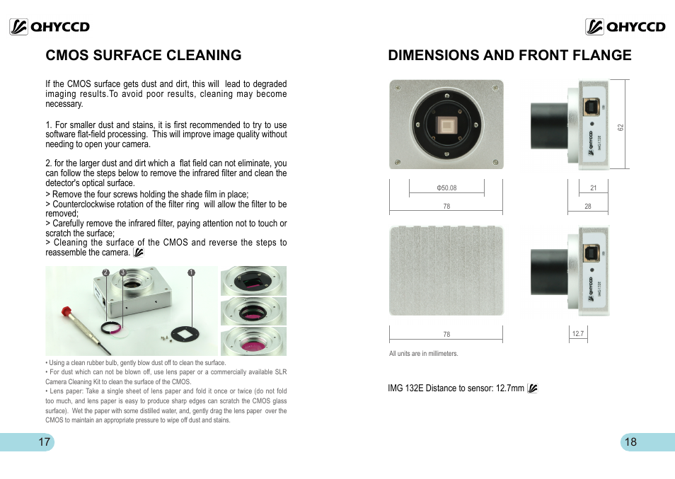 Dimensions and front flange, Cmos surface cleaning | QHYCCD IMG132E User Manual | Page 10 / 10