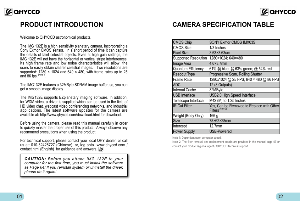 Camera specification table product introduction | QHYCCD IMG132E User Manual | Page 2 / 10
