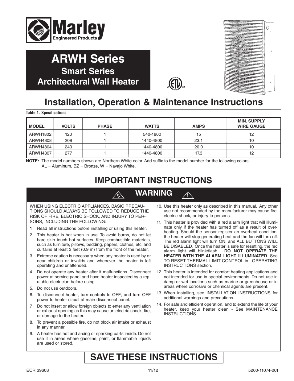 Qmark Artisan SmartSeries®- Architectural Digital Wall Heater User Manual | 8 pages