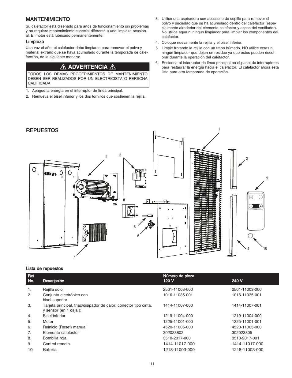 Mantenimiento, Repuestos | Qmark HT Smart Series - Digital Programmable Wall Heater User Manual | Page 11 / 20