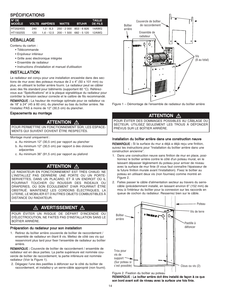 Spécifications déballage, Installation | Qmark HT Smart Series - Digital Programmable Wall Heater User Manual | Page 14 / 20