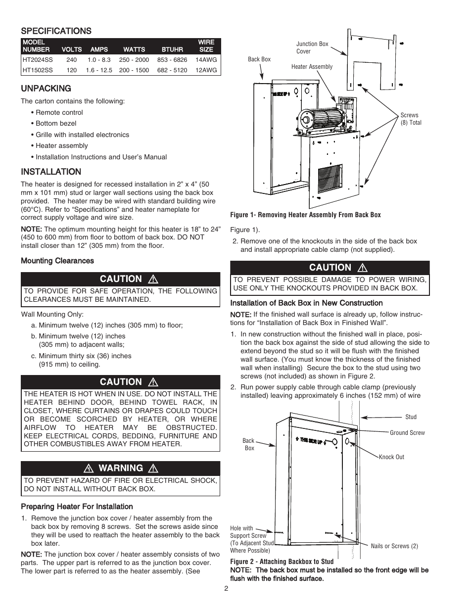 Specifications unpacking, Installation | Qmark HT Smart Series - Digital Programmable Wall Heater User Manual | Page 2 / 20
