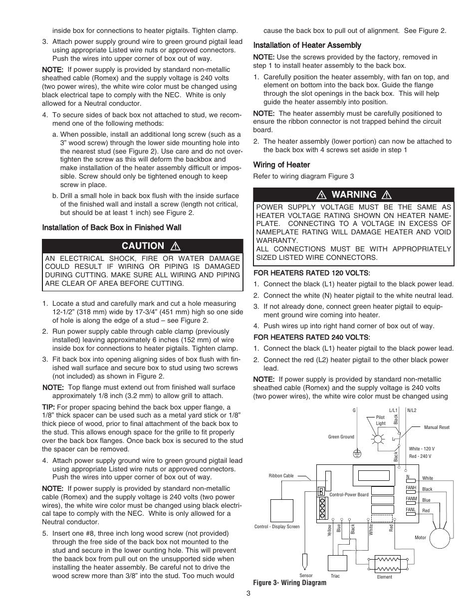Installation of back box in finished wall, Installation of heater assembly, Wiring of heater | Qmark HT Smart Series - Digital Programmable Wall Heater User Manual | Page 3 / 20