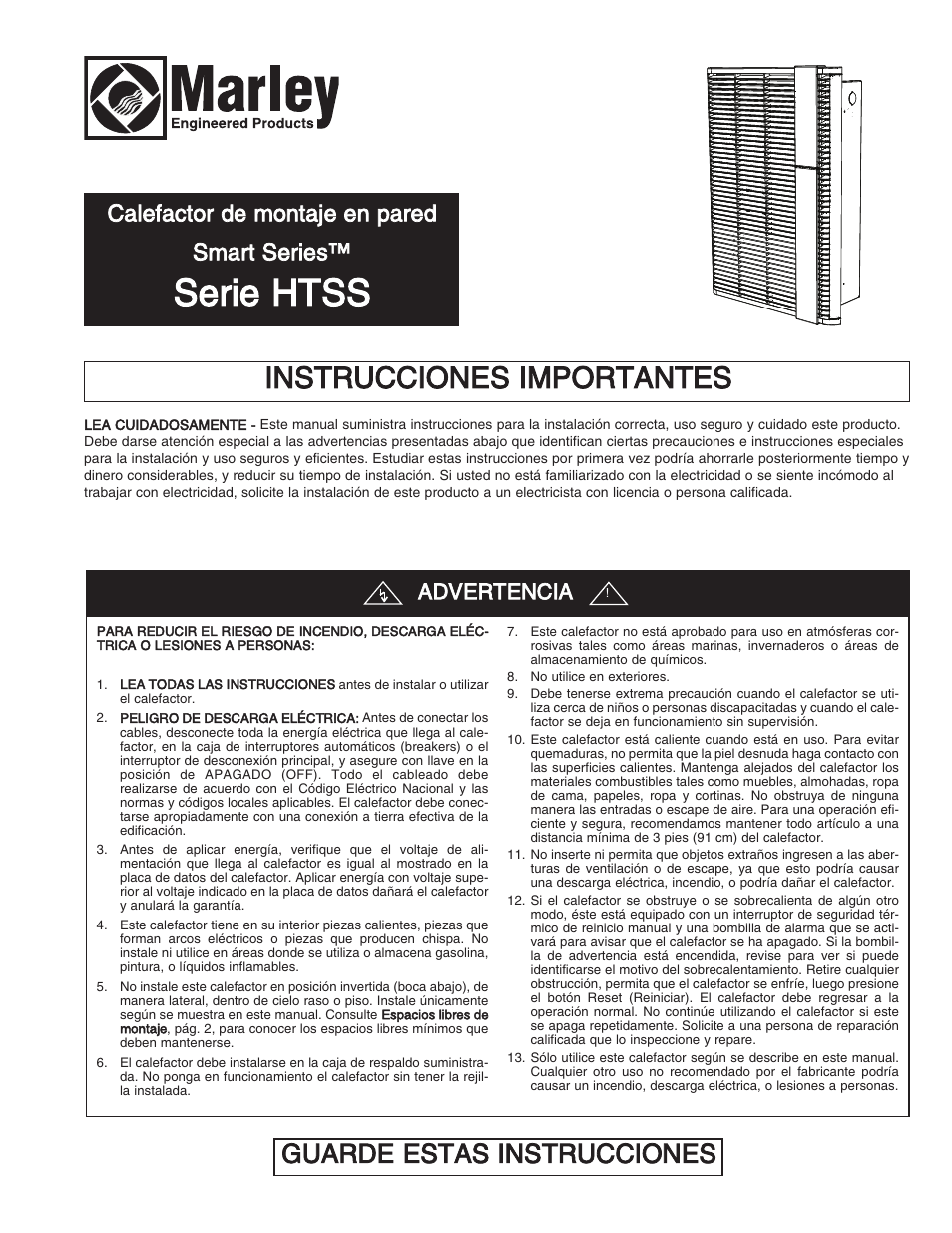Serie htss, Instrucciones importantes, Guarde estas instrucciones | Calefactor de montaje en pared smart series, Advertencia | Qmark HT Smart Series - Digital Programmable Wall Heater User Manual | Page 7 / 20