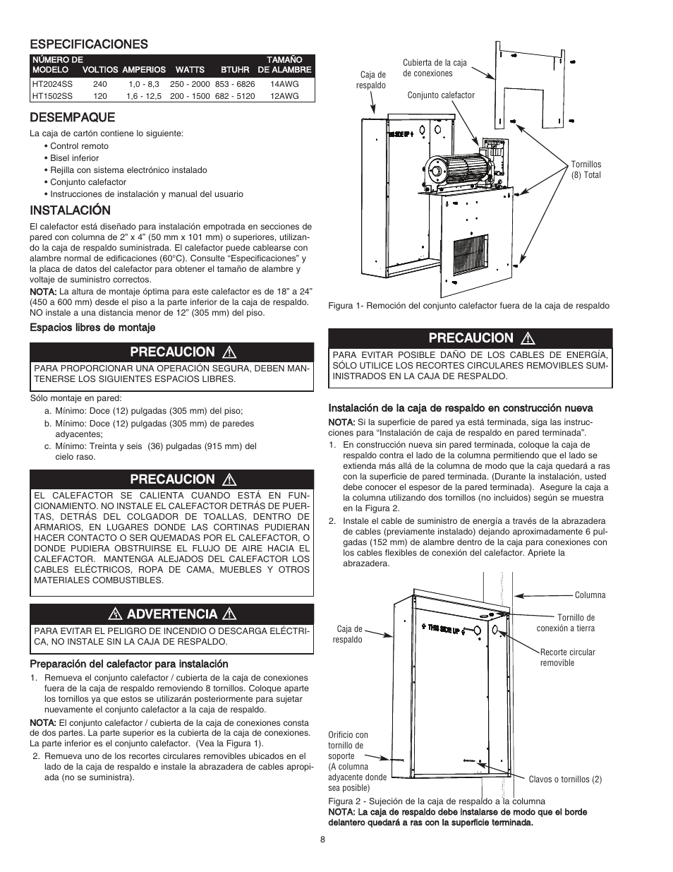 Especificaciones desempaque, Instalación | Qmark HT Smart Series - Digital Programmable Wall Heater User Manual | Page 8 / 20