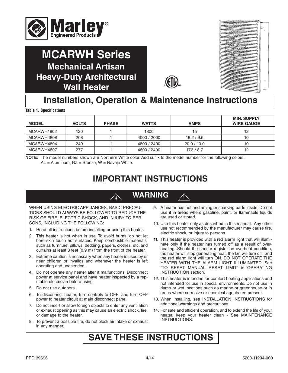 Qmark Mechanical Artisan - Heavy-Duty Architectural Wall Heater User Manual | 8 pages