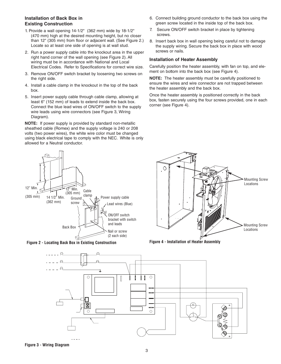 Installation of back box in existing construction, Installation of heater assembly | Qmark SSHO Smart Series - High Out-Put Digital Wall Heater User Manual | Page 3 / 8