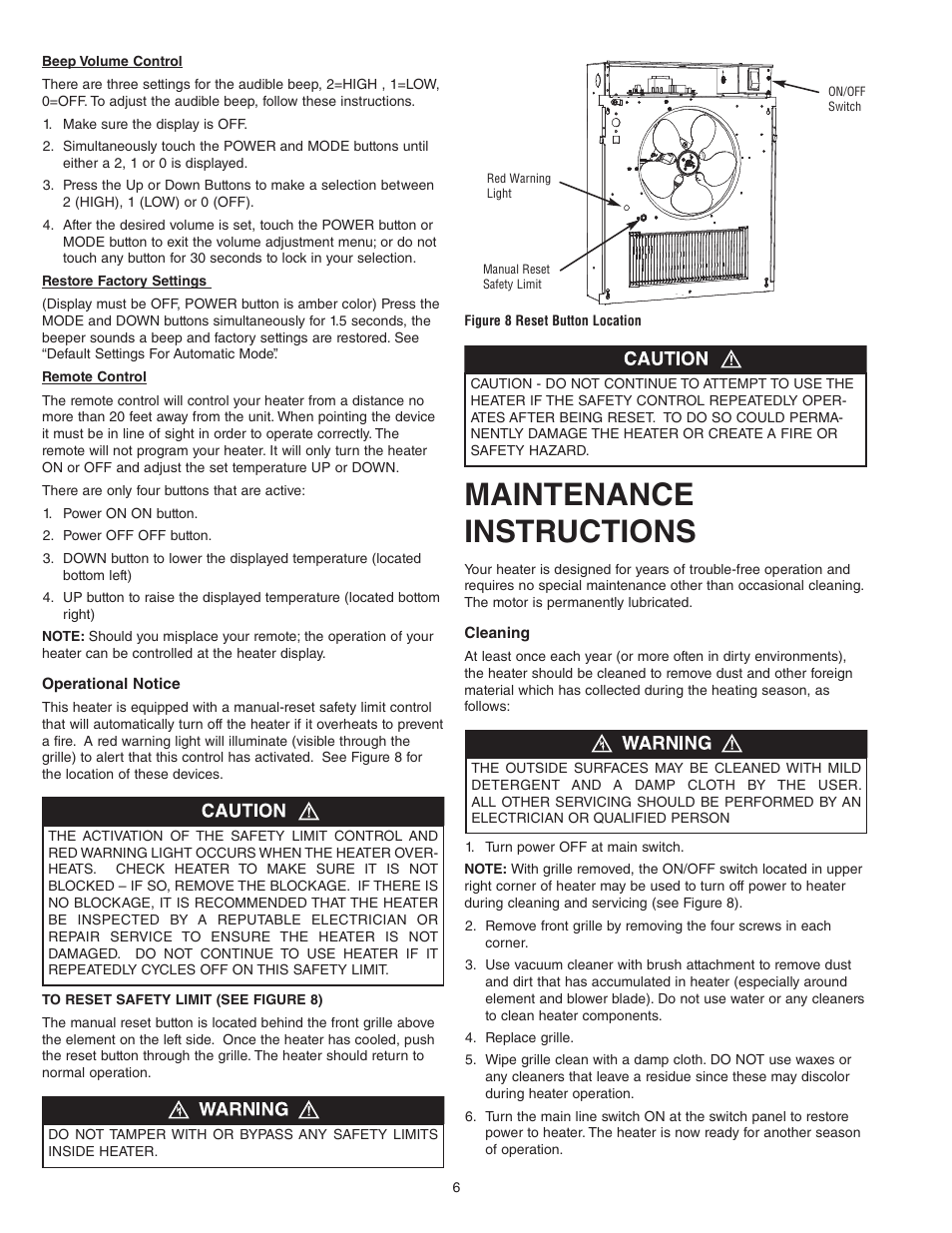 Maintenance instructions | Qmark SSHO Smart Series - High Out-Put Digital Wall Heater User Manual | Page 6 / 8