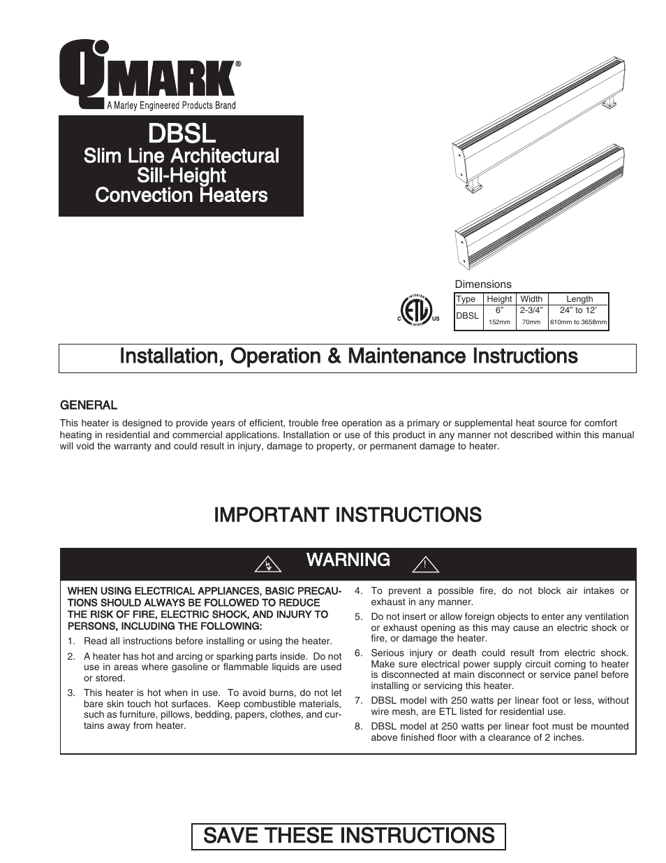 Qmark DBSL Series - Aluminum Convection Heaters User Manual | 18 pages