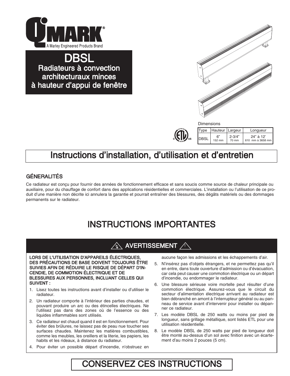 Dbsl, Conservez ces instructions, Instructions importantes | Avertissement | Qmark DBSL Series - Aluminum Convection Heaters User Manual | Page 13 / 18