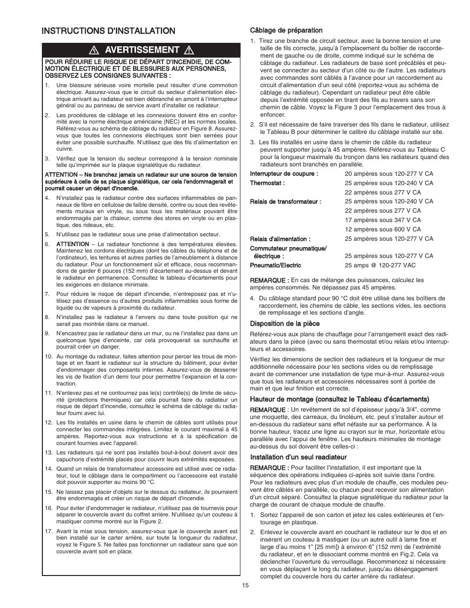 Instructions d'installation | Qmark DBSL Series - Aluminum Convection Heaters User Manual | Page 15 / 18