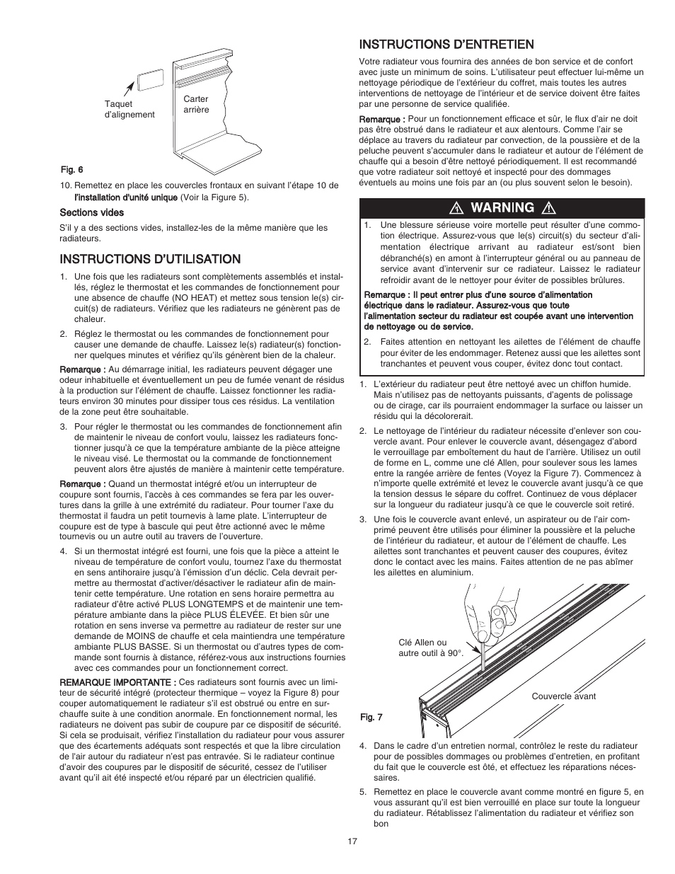 Instructions d’utilisation, Instructions d’entretien | Qmark DBSL Series - Aluminum Convection Heaters User Manual | Page 17 / 18