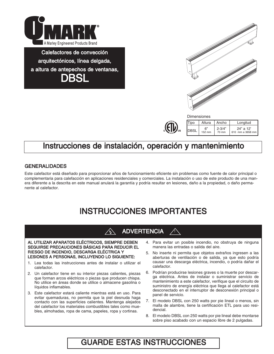 Dbsl, Guarde estas instrucciones, Advertencia | Qmark DBSL Series - Aluminum Convection Heaters User Manual | Page 7 / 18