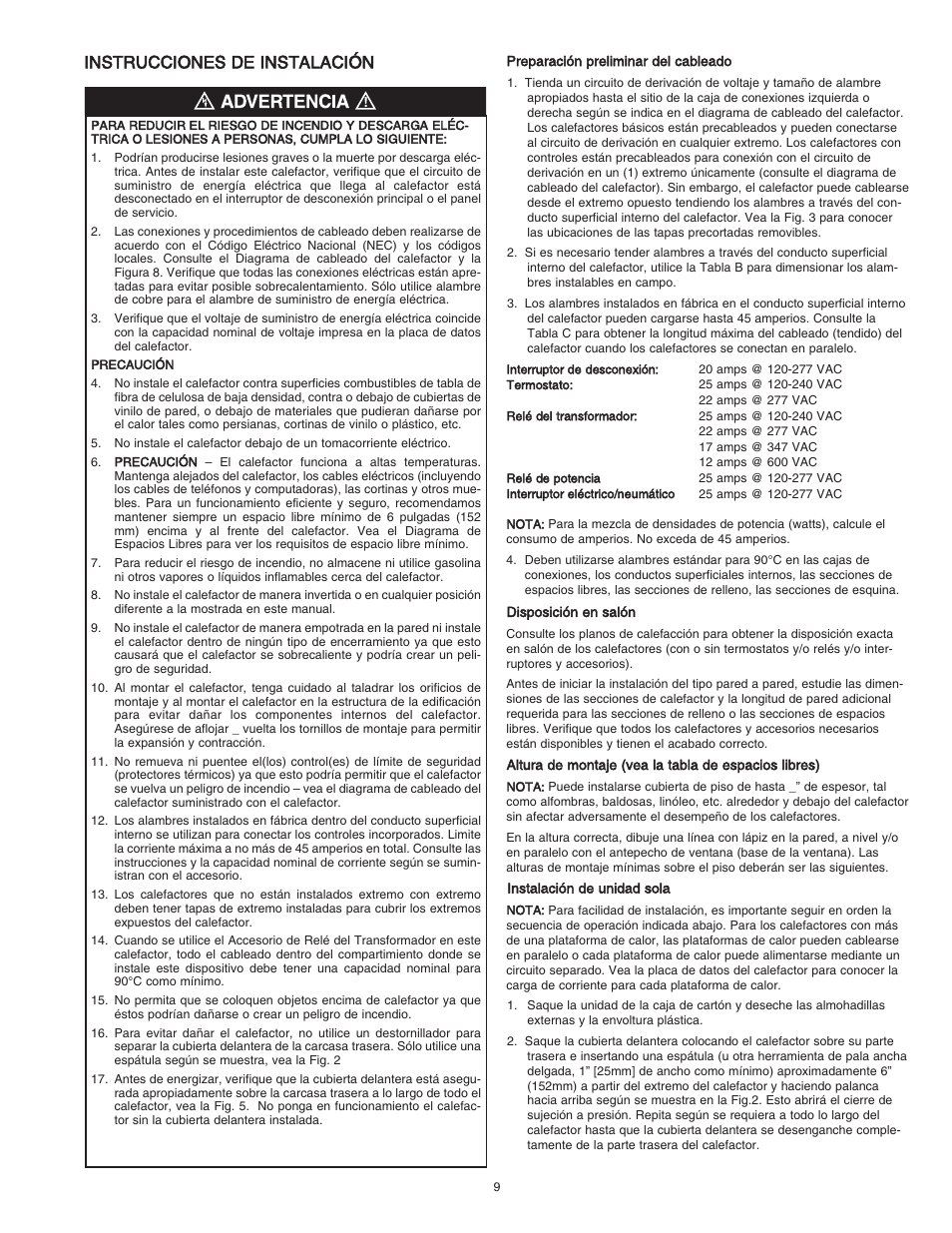 Instrucciones de instalación | Qmark DBSL Series - Aluminum Convection Heaters User Manual | Page 9 / 18