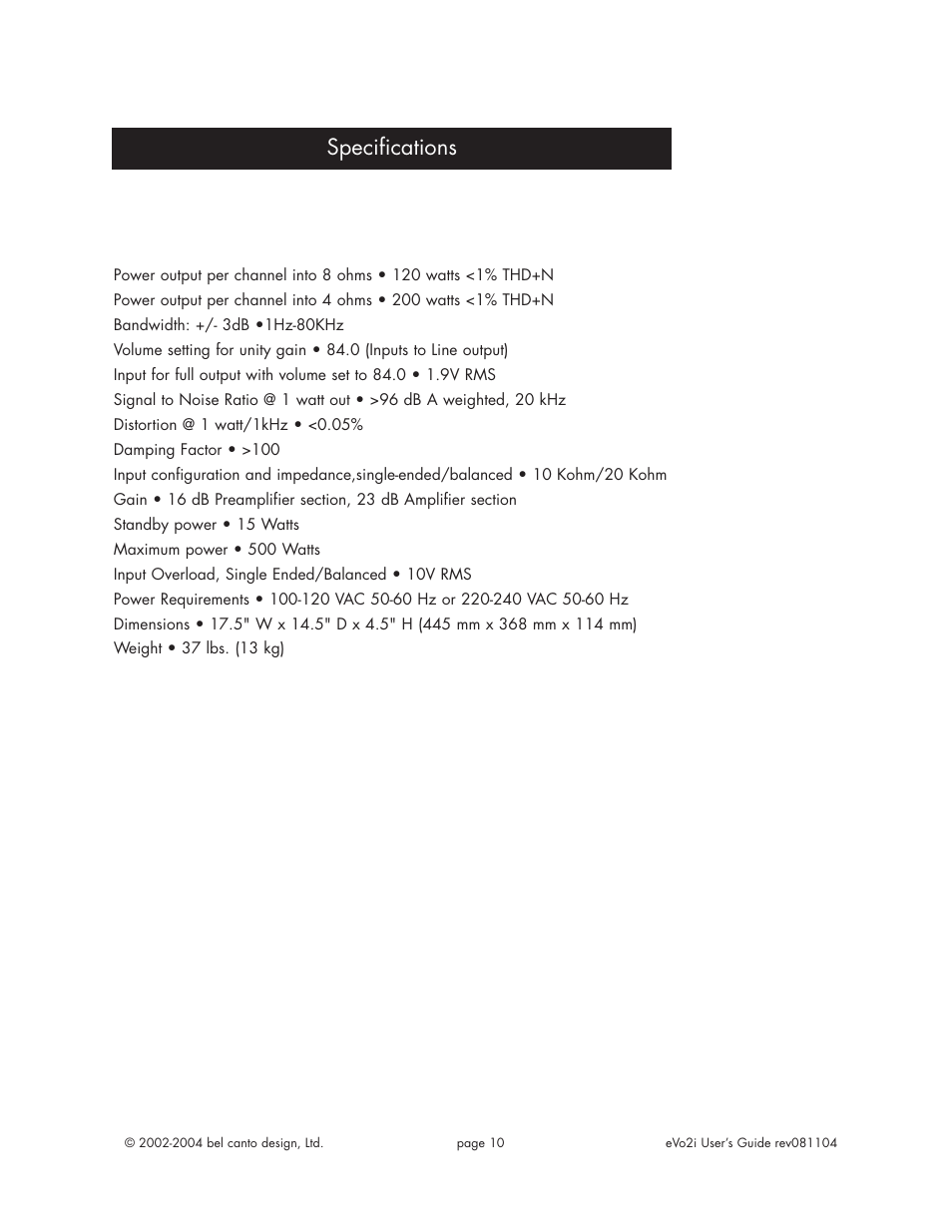 Specifications | Bel Canto Design eVo2i User Manual | Page 10 / 12