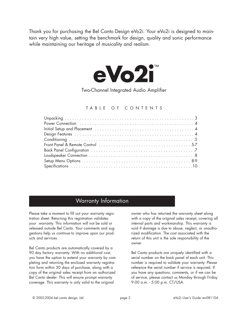 Evo2i | Bel Canto Design eVo2i User Manual | Page 2 / 12