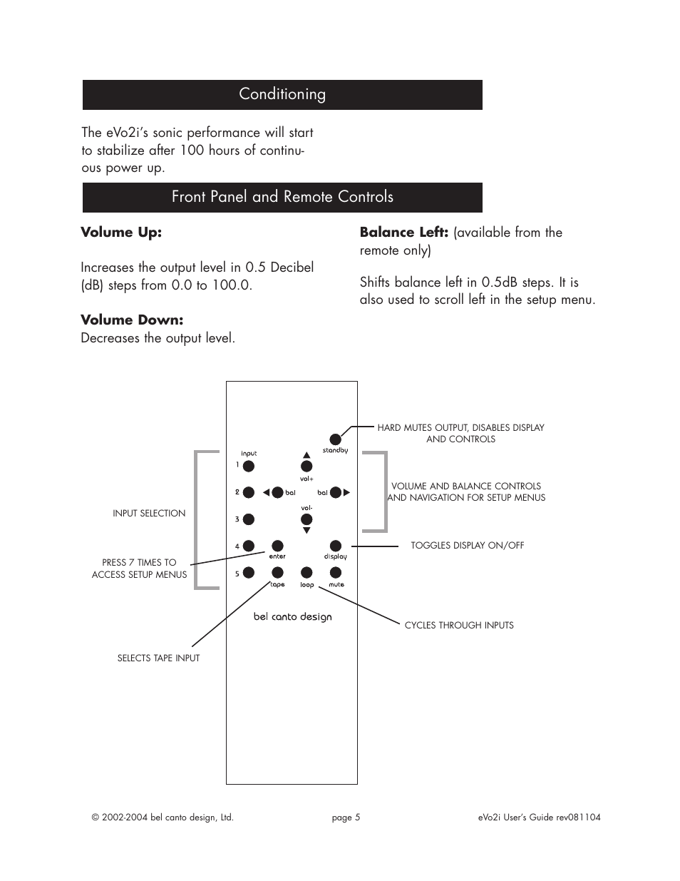 Conditioning front panel and remote controls | Bel Canto Design eVo2i User Manual | Page 5 / 12