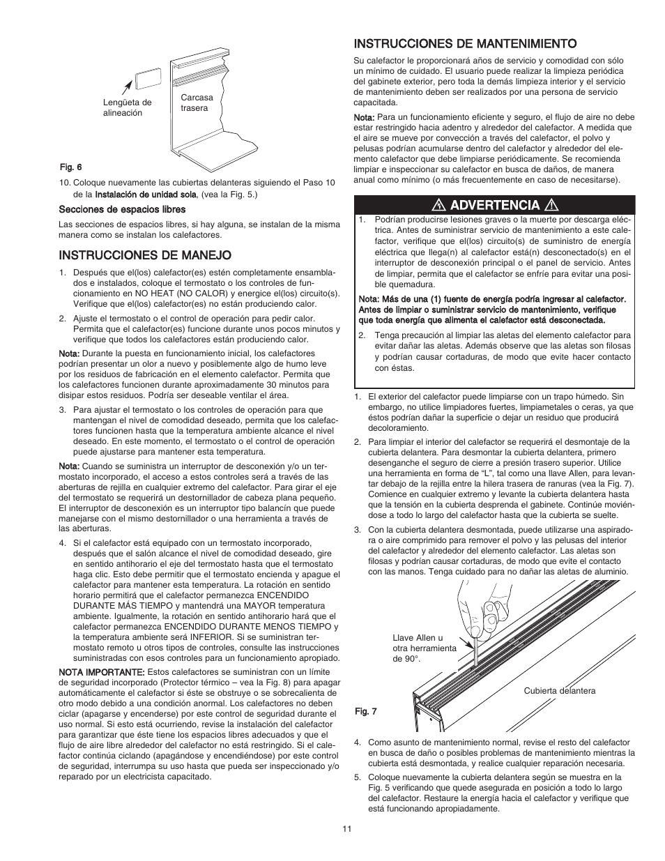 Instrucciones de manejo, Instrucciones de mantenimiento | Qmark SLQDB - Draft Barrier Heaters User Manual | Page 11 / 18