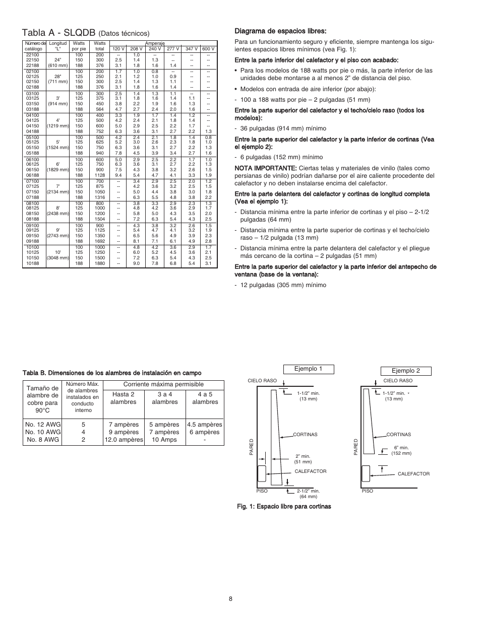 Tabla a - slqdb, Diagrama de espacios libres, Datos técnicos) | Qmark SLQDB - Draft Barrier Heaters User Manual | Page 8 / 18