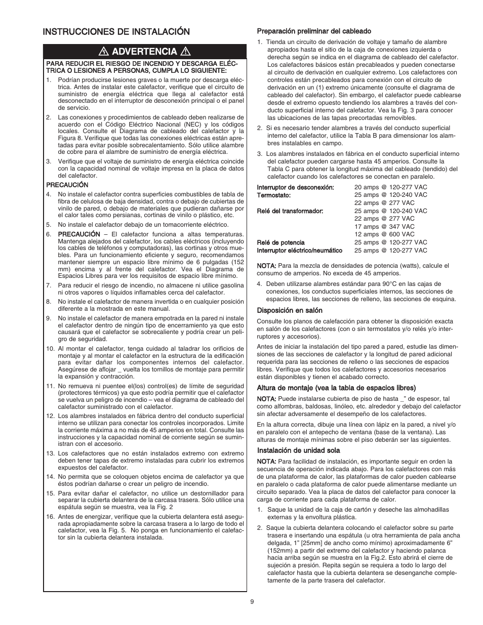 Instrucciones de instalación | Qmark SLQDB - Draft Barrier Heaters User Manual | Page 9 / 18
