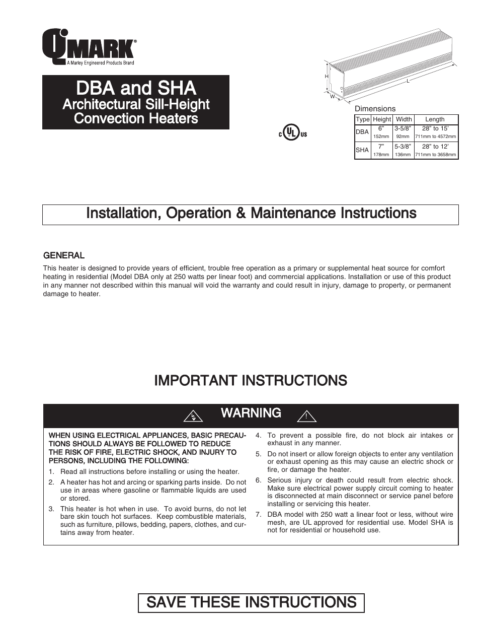 Qmark DBA - Architectural Sill-Height Convection Heaters User Manual | 18 pages