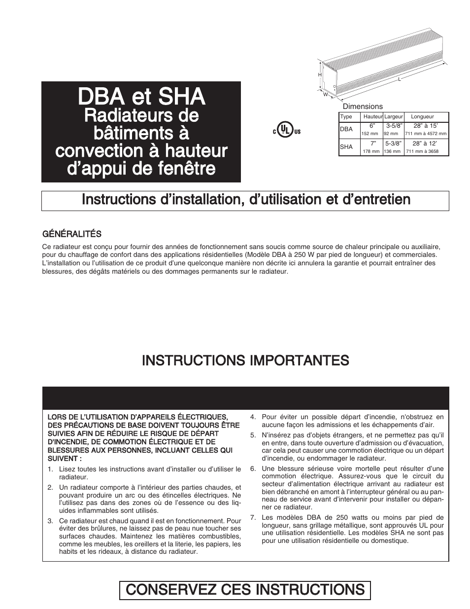 Dba et sha, Conservez ces instructions, Instructions importantes | Qmark DBA - Architectural Sill-Height Convection Heaters User Manual | Page 13 / 18