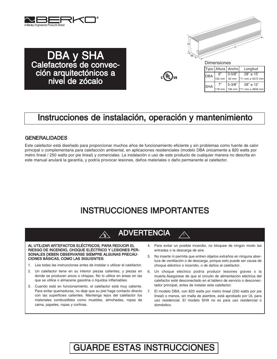Dba y sha, Guarde estas instrucciones, Instrucciones importantes | Advertencia | Qmark DBA - Architectural Sill-Height Convection Heaters User Manual | Page 7 / 18