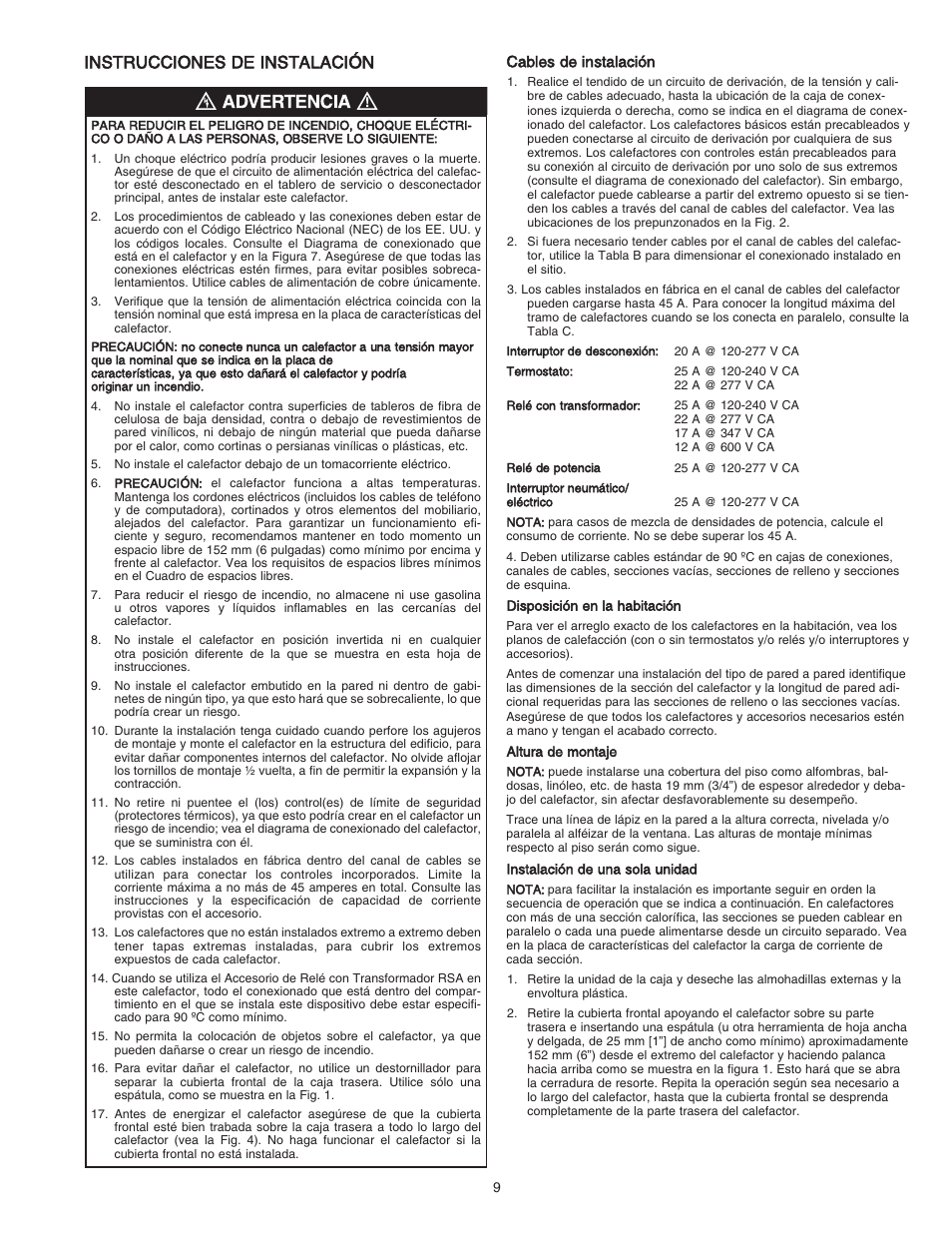 Instrucciones de instalación | Qmark DBA - Architectural Sill-Height Convection Heaters User Manual | Page 9 / 18