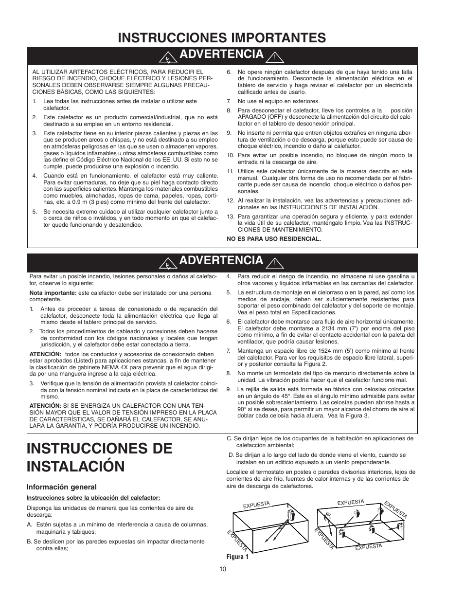 Instrucciones de instalación, Instrucciones importantes, Advertencia | Qmark QWD - Washdown Corrosion Resistant Unit Heaters User Manual | Page 10 / 24
