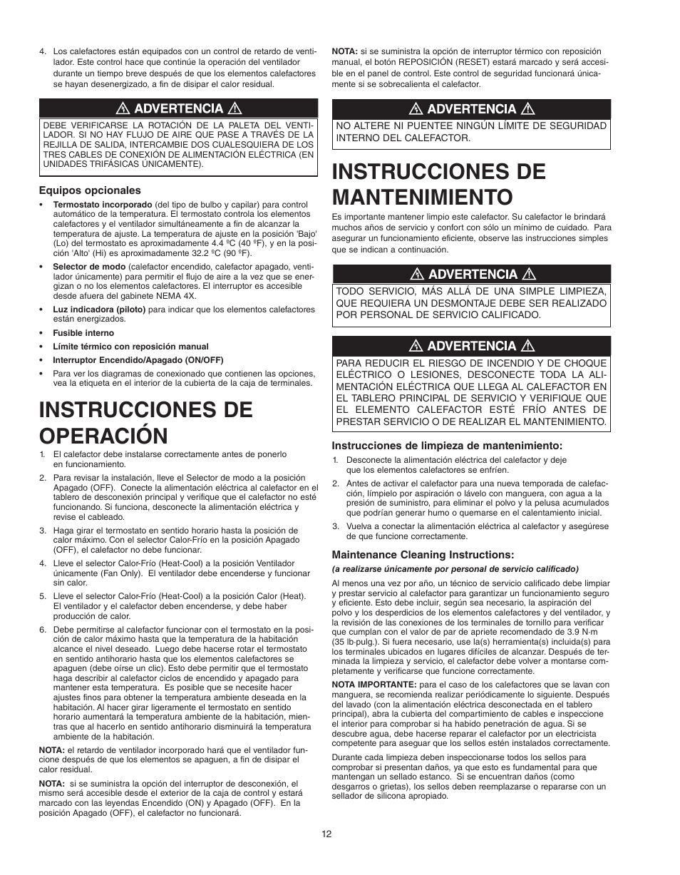 Instrucciones de operación, Instrucciones de mantenimiento | Qmark QWD - Washdown Corrosion Resistant Unit Heaters User Manual | Page 12 / 24