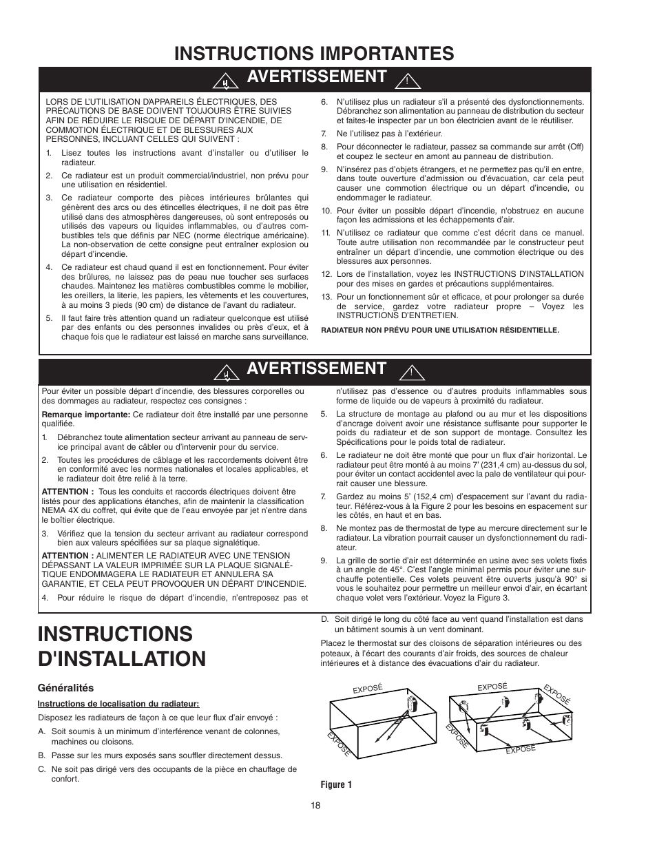 Instructions d'installation, Instructions importantes, Avertissement | Qmark QWD - Washdown Corrosion Resistant Unit Heaters User Manual | Page 18 / 24