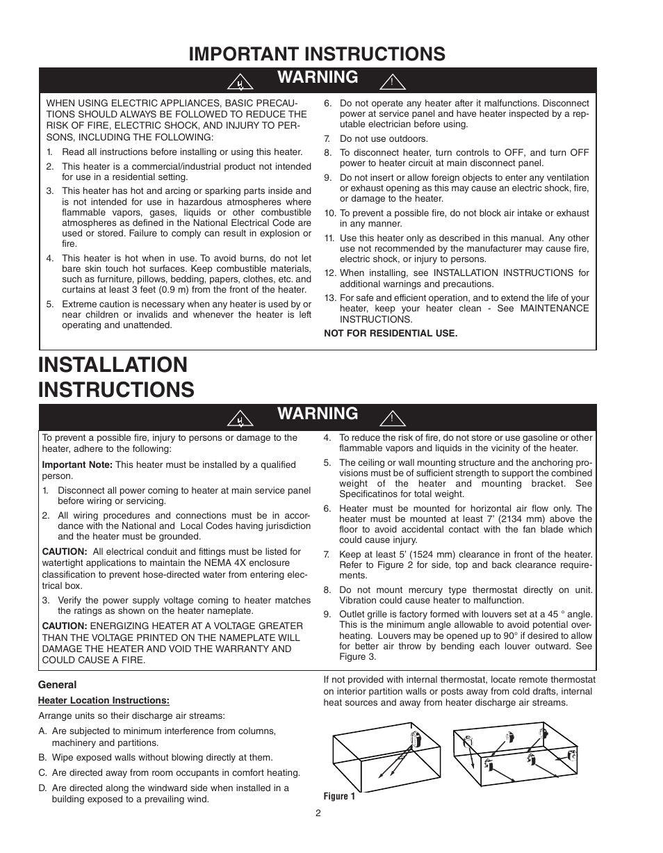 Installation instructions, Important instructions, Warning | Qmark QWD - Washdown Corrosion Resistant Unit Heaters User Manual | Page 2 / 24