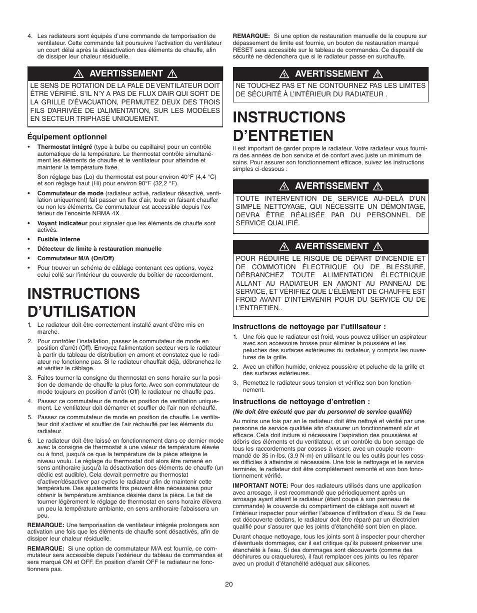 Instructions d’utilisation, Instructions d’entretien | Qmark QWD - Washdown Corrosion Resistant Unit Heaters User Manual | Page 20 / 24