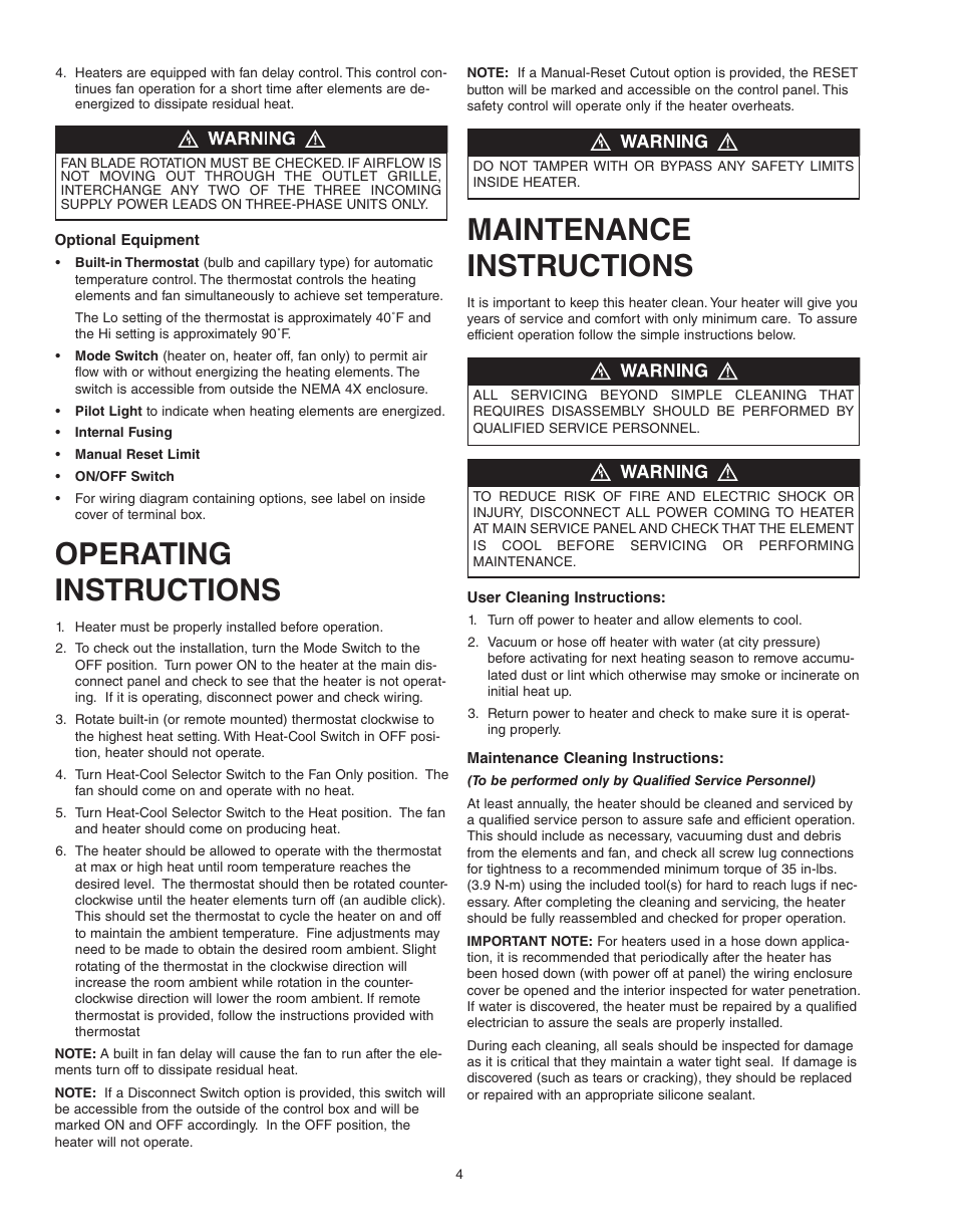 Operating instructions, Maintenance instructions | Qmark QWD - Washdown Corrosion Resistant Unit Heaters User Manual | Page 4 / 24