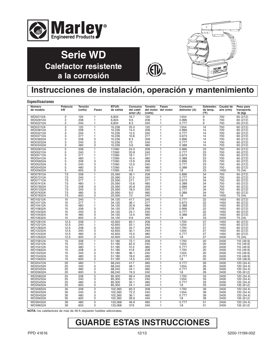 Serie wd, Guarde estas instrucciones, Calefactor resistente a la corrosión | Qmark QWD - Washdown Corrosion Resistant Unit Heaters User Manual | Page 9 / 24