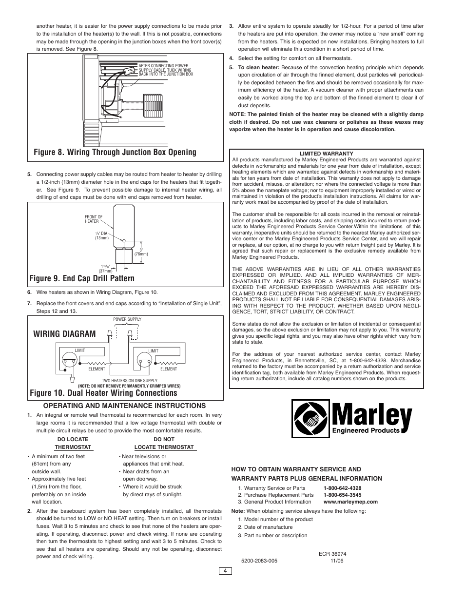 Figure 8. wiring through junction box opening, Figure 9. end cap drill pattern, Operating and maintenance instructions | Qmark HBB Series - Electric Hydronic Baseboard Heaters User Manual | Page 4 / 4