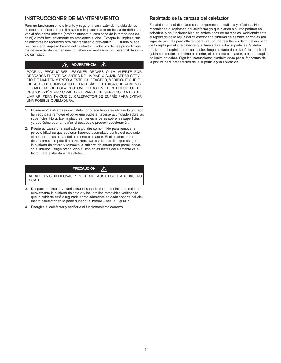 Instrucciones de mantenimiento | Qmark CBD Series - Heavy-Duty Commercial Baseboard Heaters User Manual | Page 11 / 18