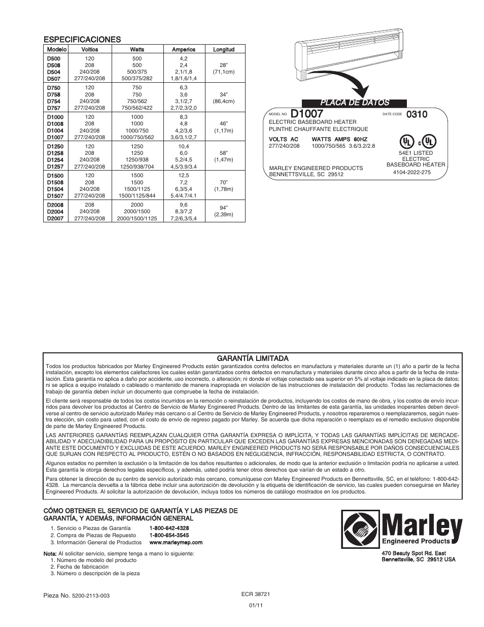 D1007, Especificaciones, Placa de datos | Garantía limitada | Qmark CBD Series - Heavy-Duty Commercial Baseboard Heaters User Manual | Page 12 / 18