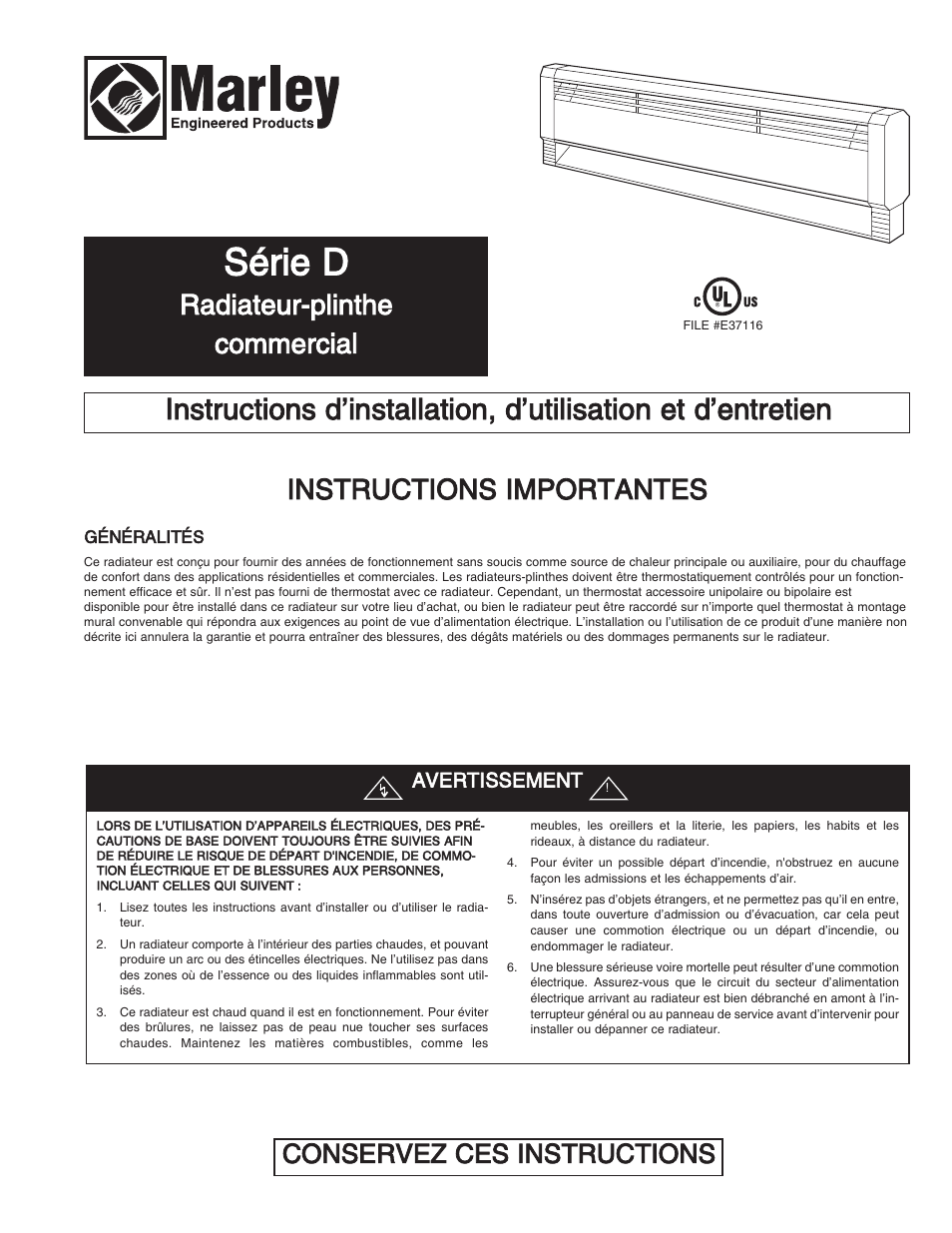 Série d, Radiateur-plinthe commercial, Instructions importantes | Conservez ces instructions | Qmark CBD Series - Heavy-Duty Commercial Baseboard Heaters User Manual | Page 13 / 18