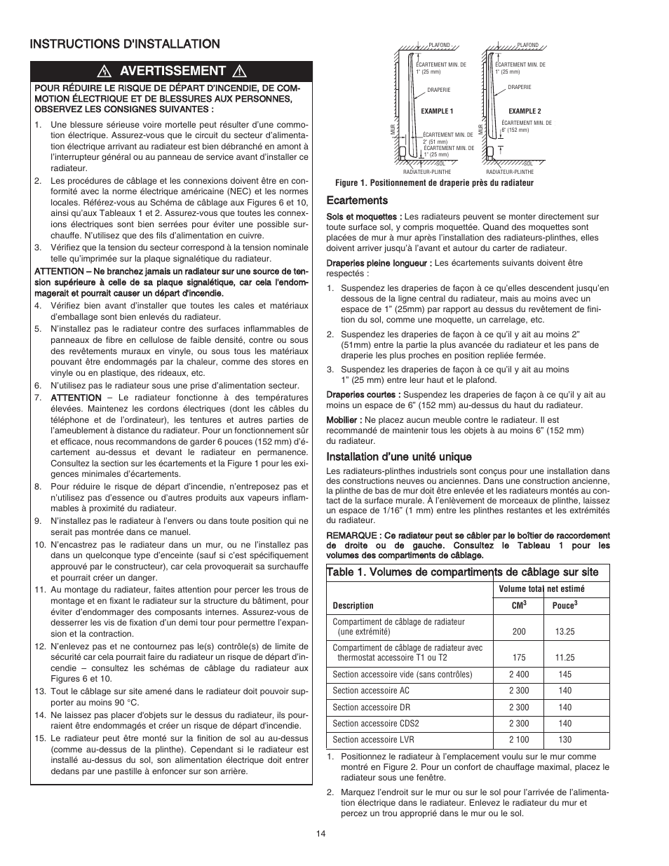 Instructions d'installation, Écartements, Installation d’une unité unique | Qmark CBD Series - Heavy-Duty Commercial Baseboard Heaters User Manual | Page 14 / 18
